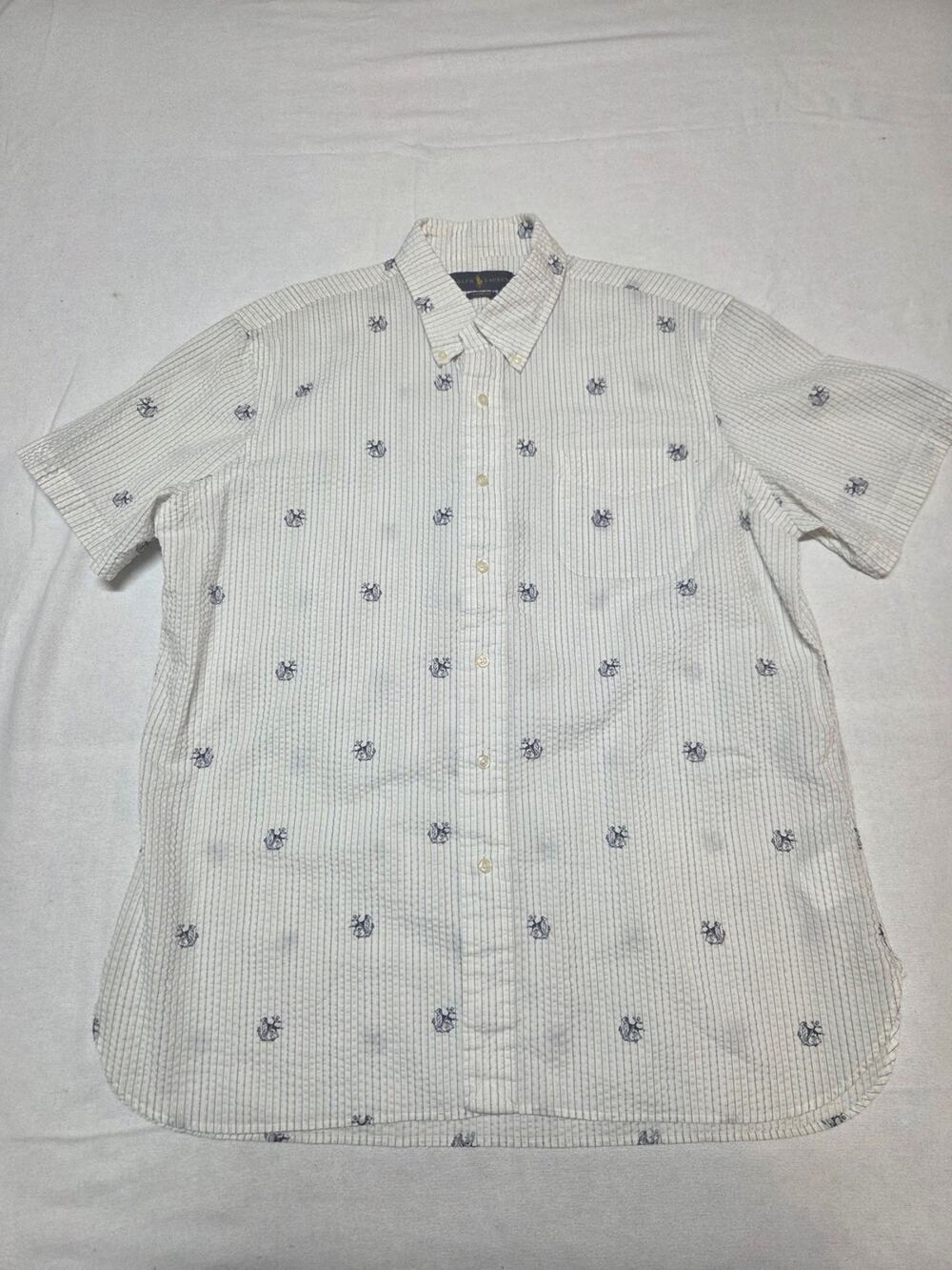 Ralph Lauren White Short-Sleeve Button-Down with Navy Micro Embroidery